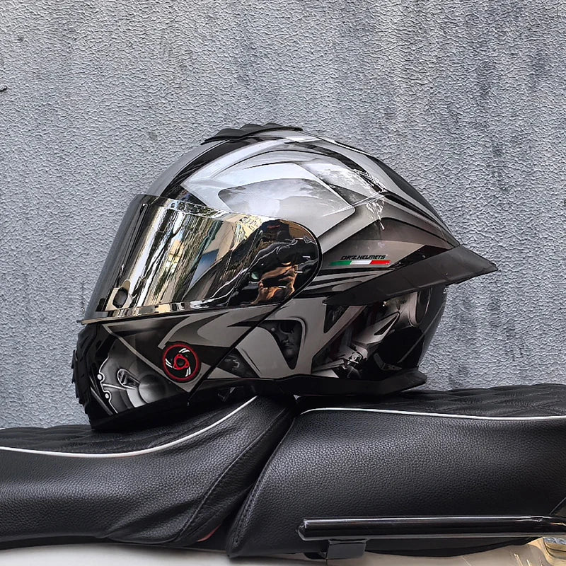 ORZ-B08A Full Face Motorcycle Helmet Glossy Mecha Pattern Racing Helmet Italian Style DOT Certified Safety Helmet with Tinted Vi